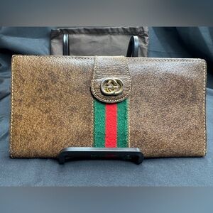 Gucci Vintage Brown Leather Continental Wallet with Green and Red Web Stripe